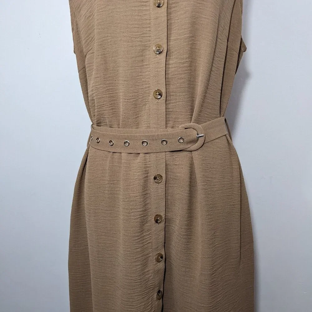 NWT Grace Karin Beige Sleeveless Summer Textured Midi Dress Belted Buttons XL - Picture 3 of 13